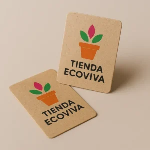 Dos tarjetas de visita papel kraft con un logo de una maseta y un texto que dice tienda ecoviva