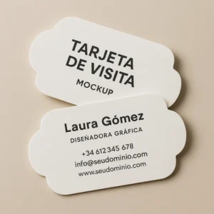 Dos tarjetas troqueladas de formas redondeadas con informacion de Laura Gómez 